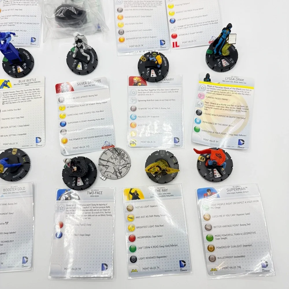 Heroclix DC Comics Uncommon, Super Rare, Unique Mixed Lot of 15 with Cards Lot F